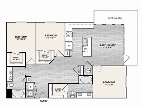 Floor plan for 3 beds, 2 baths, 1368 sqft